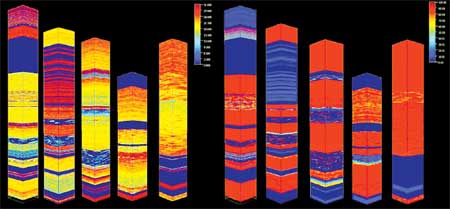 Digital outcrop 3D petrophysical models. The left portion shows porosity and the right, resistivity, of measured sections.42