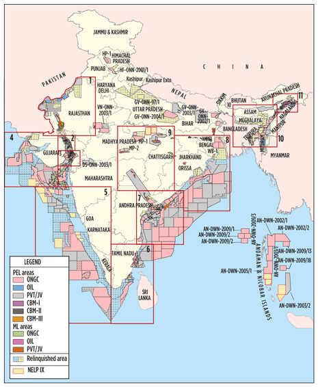 Fig. 2. India is licensing prospective blocks through a series of licensing rounds scheduled to run until 2015. Shown here are areas currently under petroleum exploration license (PEL) or mining license (ML).  Exploration has also been extended to the Andaman & Nicobar Islands (southeast corner of the map) that are under India’s jurisdiction. Source: DGH.