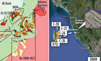 Fig. 3. ONGC is in the process of monetizing its discoveries on the east coast that are adjacent to the Reliance discovery (left). Fields considered for development on the west coast are Daman (Main), Daman (North), C-24 and C-23.