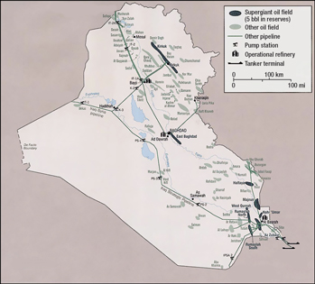 Map of Iraq’s oil fields and existing infrastructure as of 2003.