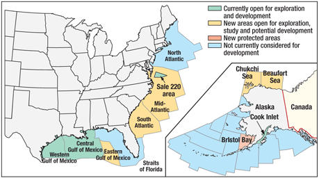 US offshore areas being opened up for exploration and newly protected areas.