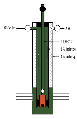 Fig. 2. This type of CT application also allows the ability to produce fluids to the surface, either through the CT or through the annular space between the CT and the production tubing.