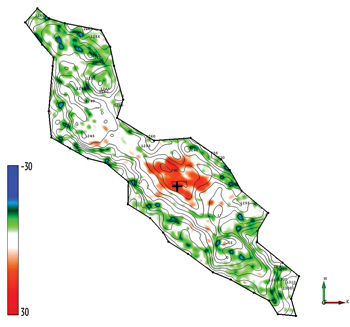 A map of the mean GOC movements that shows that the gas expansion area is located in, and north of, the location of the well used for the synthetic-to-seismic scaling. A map of the mean GOC movements that shows that the gas expansion area is located in, and north of, the location of the well used for the synthetic-to-seismic scaling.