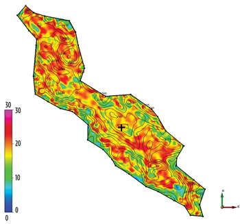 A map of the mean OWC movements that shows that the OWC rise is widespread, with the exception of the gas expansion area. A map of the mean OWC movements that shows that the OWC rise is widespread, with the exception of the gas expansion area.