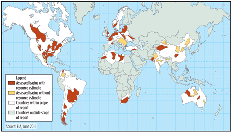 Global map of unconventional reserves (World Shale Gas Analysis, 2011)