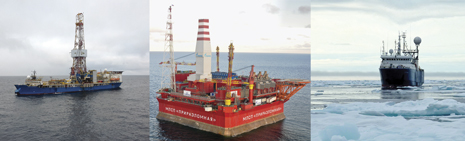 The Noble Discoverer drillship (left) is drilling top hole sections in the Chukchi Sea for Shell. Gazprom’s Prirazlomnoye field development in the Pechora Sea (center) was scheduled to be onstream during fourth-quarter 2012, but this was pushed back another year to September or October 2013. The drilling, production, oil storage and offloading platform has been idle in the Pechora Sea since 2011. The Geo Explorer (right) acquires seismic data offshore northeast Greenland for ION Geophysical. Since 2009, the company has conducted a number of under-ice Arctic projects in the Beaufort and Chukchi Seas, and the high Arctic offshore Russia.