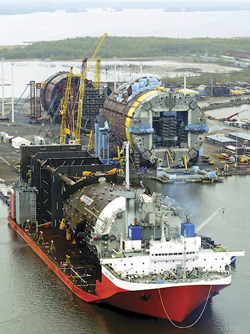 Technip’s shipyard in Pori, Finland, has become an assembly line for spars.