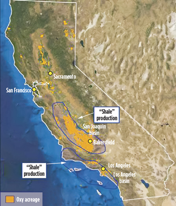 Fig. 1. Extent of the 1,752-sq-mi onshore Monterey/Santos shale play, highlighting core Oxy acreage. Source: U.S. Energy Information Administration (EIA)