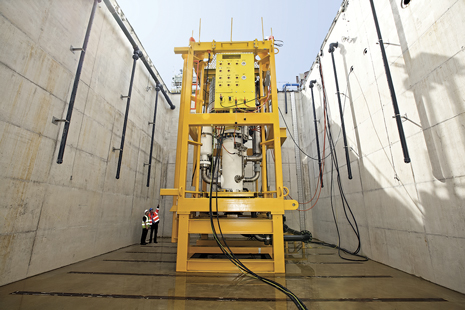 The 3.2 MW, 5,000 psi helico-axial subsea pump from FMC Technologies and Sulzer Pumps completes qualification testing in Sulzer’s custom built subsea test pool in Leeds, UK. Photo courtesy of Sulzer Pumps.