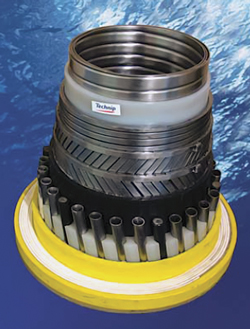 Fig. 4. The integrated production bundle (IPB) flexible riser was developed by Technip to provide high-level flow assurance of hydrocarbon fluids from the well head to surface treatment unit. Fig. 4. The integrated production bundle (IPB) flexible riser was developed by Technip to provide high-level flow assurance of hydrocarbon fluids from the well head to surface treatment unit.