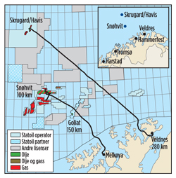 Fig. 4. Barents Sea oil and gas fields under development include Snøhvit, Goliat (offshore Norway) and Skrugard/Havis  (now Johan Castberg).