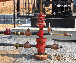 ) Typical stuffing box for a beam pumping unit. b) Sealed wellhead with surface hoses for the hydraulic diaphragm system. ) Typical stuffing box for a beam pumping unit. b) Sealed wellhead with surface hoses for the hydraulic diaphragm system.