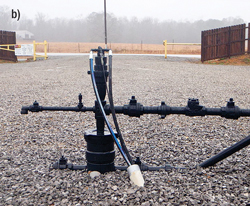 ) Typical stuffing box for a beam pumping unit. b) Sealed wellhead with surface hoses for the hydraulic diaphragm system. ) Typical stuffing box for a beam pumping unit. b) Sealed wellhead with surface hoses for the hydraulic diaphragm system.