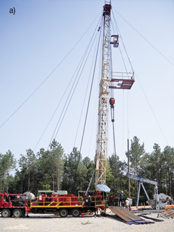 ) Conventional pulling unit deploying a beam pumping unit. b) Trailer-mounted hydraulic diaphragm pump spooler. ) Conventional pulling unit deploying a beam pumping unit. b) Trailer-mounted hydraulic diaphragm pump spooler.