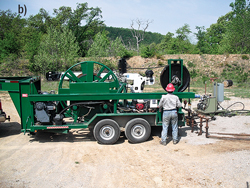 ) Conventional pulling unit deploying a beam pumping unit. b) Trailer-mounted hydraulic diaphragm pump spooler. ) Conventional pulling unit deploying a beam pumping unit. b) Trailer-mounted hydraulic diaphragm pump spooler.