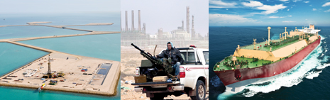 From left: Saudi Aramco’s Manifa project involves building of artificial islands to harness onshore drilling efficiencies in shallow waters. Libya’s National Transition Council soldier guards the Ras Lanouf refinery in the eastern part of the country (AP photo by Hussein Malla). Umm Slal is one of several Q-Max carriers used by Qatargas for LNG shipments.