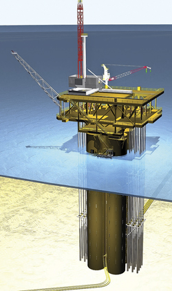 Artist’s rendition of the CX-15 fixed-depth, shallow-water buoyant tower on location offshore Peru. Please visit WorldOil.com for photos of the installation by Phil Walsh of GMC Inc.