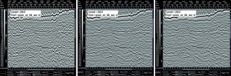 Fig. 4. Panel 1 (left) shows a traverse through a single-fold (one trace only) common offset, common azimuth volume. The structure is very hard to determine, due to the arcuate noise, especially along the bright event at the top, the seafloor reflection. Panel 2 shows the substack for this offset but across all eight azimuths. Some faults are now becoming apparent in the center of the image, but the event continuity is still quite poor. Panel 3 shows the result of stacking all traces in the dataset together, in this case 280 traces per location. The result is quite dramatic, with some subtle faulting now visible. The fold of the substack is indicated below the traces.