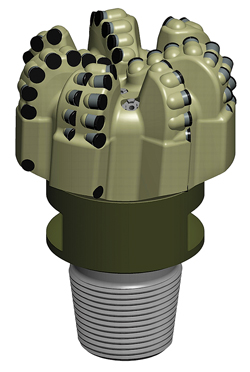Fig. 3. The SHARC MDSi716 8½-in drill bit with two rows of cutters in the critical shoulder area provides maximum durability in abrasive formations. Illustration courtesy of Schlumberger. Fig. 3. The SHARC MDSi716 8½-in drill bit with two rows of cutters in the critical shoulder area provides maximum durability in abrasive formations. Illustration courtesy of Schlumberger.