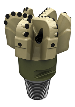 Fig. 3. The SHARC MDSi716 8½-in drill bit with two rows of cutters in the critical shoulder area provides maximum durability in abrasive formations. Illustration courtesy of Schlumberger. Fig. 3. The SHARC MDSi716 8½-in drill bit with two rows of cutters in the critical shoulder area provides maximum durability in abrasive formations. Illustration courtesy of Schlumberger.