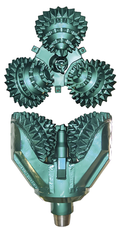 Fig. 5. The Varel 44-in. MT bit—the world’s largest steel-tooth roller cone bit—was designed and manufactured in just eight months. Fig. 5. The Varel 44-in. MT bit—the world’s largest steel-tooth roller cone bit—was designed and manufactured in just eight months.