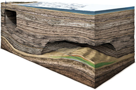 Schematic representation of the extended-reach wells drilled from the Yastreb rig onshore to the Odoptu reservoirs over 11 km offshore and 1,800 m below the Sea of Okhotsk. The subsurface cutaways depicted are for ease of visualization only. Graphic courtesy of ExxonMobil.