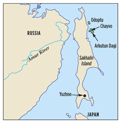 Fig. 1. Sakhalin Island map, showing adjacent offshore fields.