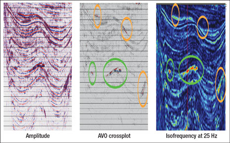 Fig. 5. Comparison of conventional seismic amplitudes, AVO crossplot anomalies and isofrequency response at 25 Hz.