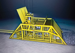 Fig. 4. One of Framo Engineering’s WGC4000 wet gas compressors is lowered into place in a manifold. Two of these compressors will be put to use on Statoil’s Gullfaks field to add production as natural pressure in the reservoir declines. Image courtesy of Framo Engineering. Fig. 4. One of Framo Engineering’s WGC4000 wet gas compressors is lowered into place in a manifold. Two of these compressors will be put to use on Statoil’s Gullfaks field to add production as natural pressure in the reservoir declines. Image courtesy of Framo Engineering.