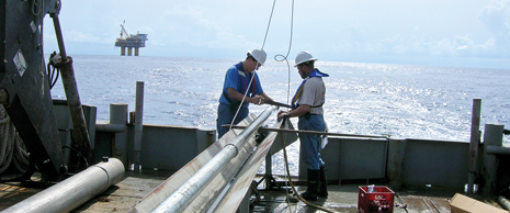 Seabed coring operations for the University of Utah Surface Geochemistry Calibration field study conducted in August 2006 over Anadarko’s Marco Polo field in the Gulf of Mexico, Green Canyon block 608. Seabed coring operations for the University of Utah Surface Geochemistry Calibration field study conducted in August 2006 over Anadarko’s Marco Polo field in the Gulf of Mexico, Green Canyon block 608.
