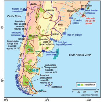 Fig. 3. Map showing unconventional gas basins in Argentina along with commissioned and proposed LNG facilities.