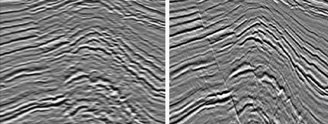 Fig. 1. An unfocused and distorted image (left) is the consequence of incorrect estimation of velocity variabilities. Fig. 1. An unfocused and distorted image (left) is the consequence of incorrect estimation of velocity variabilities.