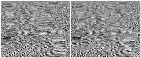 Fig. 4. Depth imaging without anisotropy (left) and with anisotropy (right); notice the remarkable uplift of fault imaging achieved by accounting for anisotropy. Fig. 4. Depth imaging without anisotropy (left) and with anisotropy (right); notice the remarkable uplift of fault imaging achieved by accounting for anisotropy.