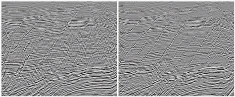 Fig. 4. Depth imaging without anisotropy (left) and with anisotropy (right); notice the remarkable uplift of fault imaging achieved by accounting for anisotropy.