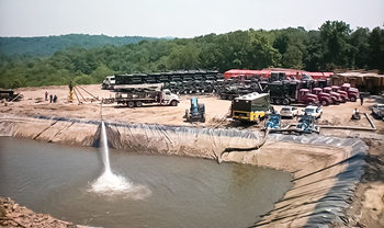 Lined impoundments provide temporary storage for water needed for hydraulic fracturing, as well as the water that rapidly flows back to the surface, when the well is being prepared for production (photo courtesy of Energy Corp. of America). 