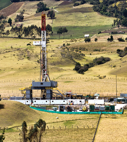 Exemplifying Colombia’s steady drilling rate, a Nexen-operated rig works at the Carupa 1A shale gas wellsite, 90 km north of Bogota, in early 2013 (photo courtesy of Nexen).