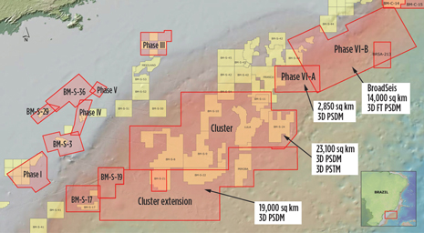 Location of CGG’s multi-client seismic surveys within the Santos basin, with reference to the Phase 6-B BroadSeis survey.