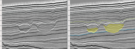 Phase 6-B fast-track broadband data showing post-salt channels. An interpretation (right) indicates the differentiation between facies using broadband seismic images.