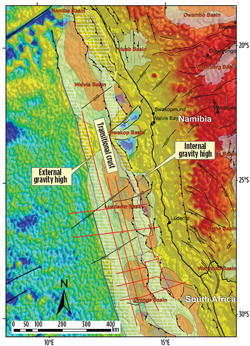 Sedimentary basins, gravity highs and structural interpretation along the Namibian/South African passive margin overlaid on isostatic gravity. Gravity highs are represented by white, horizontally-hatched polygons. Sedimentary basins and structural depressions are shown as semi-transparent bluish and maroon polygons, respectively. The thick blue line represents the boundary between oceanic and transitional crust, and the thick purple line is the boundary between continental and transitional crust. Red lines show Spectrum seismic coverage used in the study. Sedimentary basins, gravity highs and structural interpretation along the Namibian/South African passive margin overlaid on isostatic gravity. Gravity highs are represented by white, horizontally-hatched polygons. Sedimentary basins and structural depressions are shown as semi-transparent bluish and maroon polygons, respectively. The thick blue line represents the boundary between oceanic and transitional crust, and the thick purple line is the boundary between continental and transitional crust. Red lines show Spectrum seismic coverage used in the study.