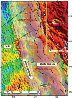 Rifting-related, north-south to northwest-southeast-trending normal faults and right-lateral, east-northeast by west-southwest-trending strike-slip faults overlaid on free-air gravity. Sedimentary basins and structural depressions are shown as semi-transparent bluish and maroon polygons, respectively. The thick blue line represents the boundary between oceanic and transitional crust, and the thick purple line is the boundary between continental and transitional crust.
