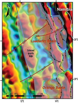 Right-lateral offset of gravity anomalies along the east-northeast by west-southwest-trending strike-slip faults (highlighted as dark brown). Structural interpretation is overlaid on 30-to-150-km band pass-filtered Bouguer gravity. Other symbols are as in Figs. 1 and 2.