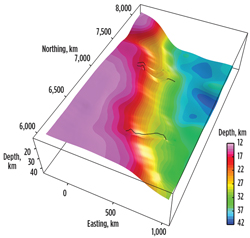 Block diagram showing Bouguer gravity data inverted for Moho depth. Depth to Moho horizons derived from the refraction data are shown as dashed lines. Block diagram showing Bouguer gravity data inverted for Moho depth. Depth to Moho horizons derived from the refraction data are shown as dashed lines.