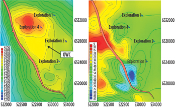 Fig. 1. Base case depth (left) and reservoir isochore (right). Fig. 1. Base case depth (left) and reservoir isochore (right).