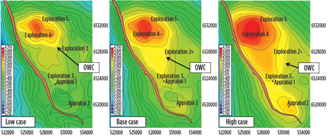Low (P90), Base (P50) and High (P10) case depth maps. Low (P90), Base (P50) and High (P10) case depth maps.