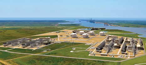 This artist’s rendering shows the natural gas liquefaction and export complex that Cheniere Energy Partners is adding to its existing import terminal near Sabine Pass in Cameron County, La. (Image courtesy of Cheniere Energy Partners).