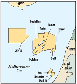 Tamar field lies in the heart of Israel’s eastern Mediterranean gas finds, with Leviathan field to the west (map courtesy of Noble Energy Inc.).